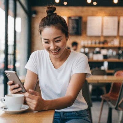 Cliente satisfaite laissant un avis positif sur un smartphone