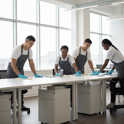 Professional cleaning team disinfecting office desks