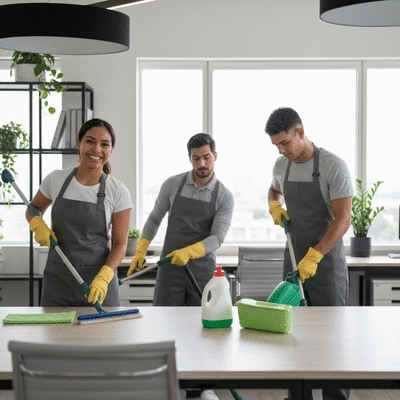 Professional cleaning staff at work in a modern office