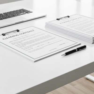 Contrat de nettoyage professionnel avec des documents et un stylo sur un bureau