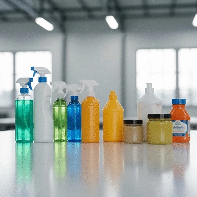 Eco-friendly cleaning products on a clean industrial surface