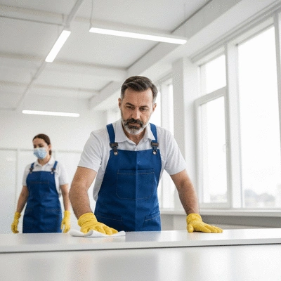 Professional cleaning staff disinfecting an office space