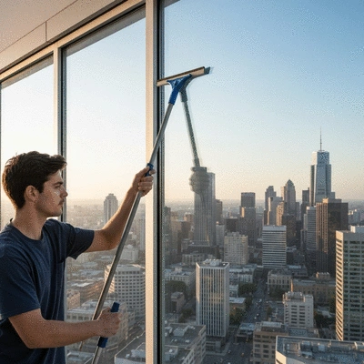 Professional window cleaner using a squeegee on a large office window, reflecting a clean city skyline, no text, no words, no typography, clean image