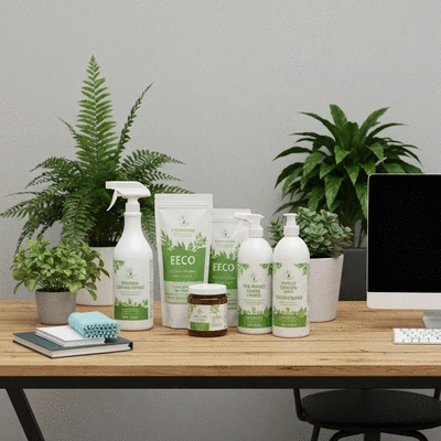 Eco-friendly cleaning products on a clean office desk, with green plants in the background, promoting a healthy workspace