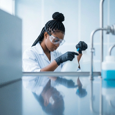 Worker wearing personal protective equipment (PPE) while handling cleaning chemicals in an industrial setting, no text, no words, no typography, clean image, 8K