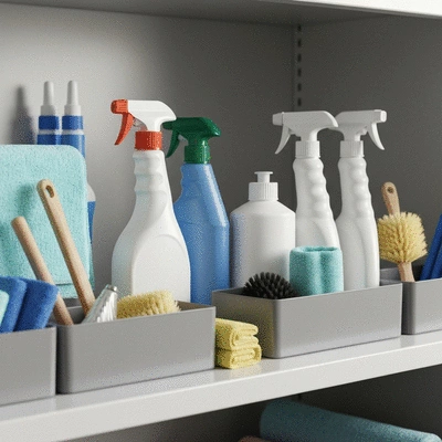 Cleaning equipment and supplies in a professional setting, ready for use, emphasizing local regulations in Montpellier