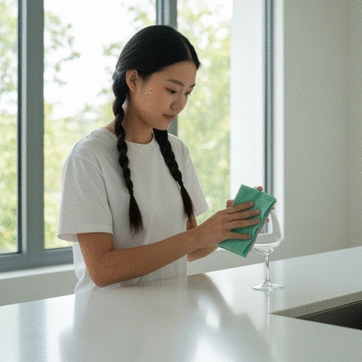 Personne nettoyant une vitre avec des produits écologiques