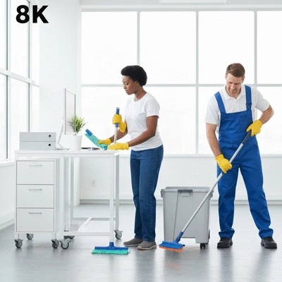 Professional cleaning staff performing maintenance in a modern office, no text, no words, no typography, 8K