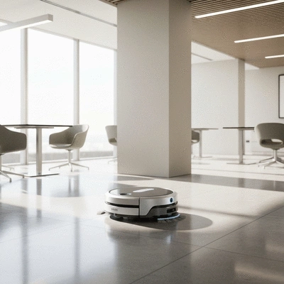 Robot de nettoyage autonome dans un bureau moderne