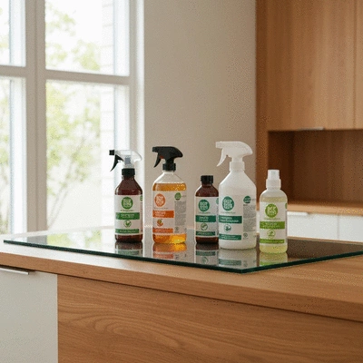 Eco-friendly cleaning products on a wooden counter with a clean glass surface in the background, no text, no words, no typography, 8K