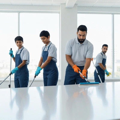Professional cleaning team with modern equipment in a clean office environment