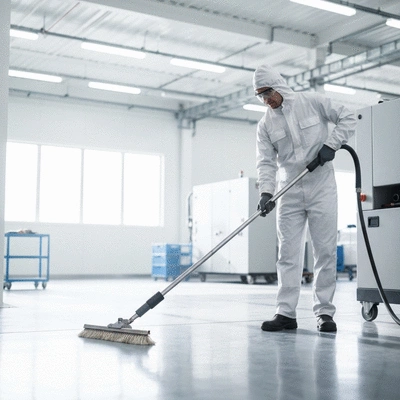 Un ouvrier en tenue de protection effectuant un nettoyage industriel avec des équipements modernes, fond d'usine propre et lumineux, no text, no words, no typography, 8K, photorealistic