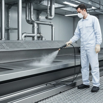Un technicien portant des gants et un masque, désinfectant une surface industrielle avec un équipement de pulvérisation, dans un environnement propre et moderne, no text, no words, no typography, no labels, clean image