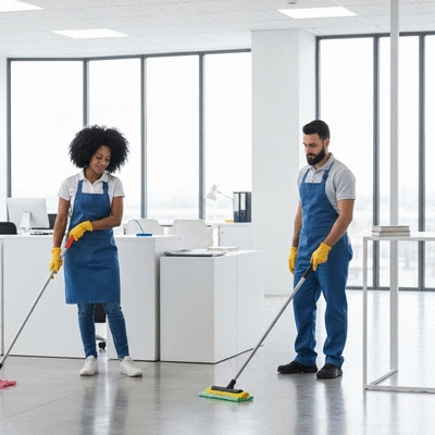 Professional cleaning team at work in a modern office, bright and clean environment