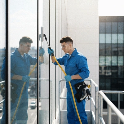 Un professionnel nettoyant les vitres d'un bâtiment commercial avec un équipement spécialisé