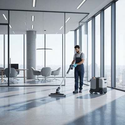 Professional cleaner using equipment in a modern office