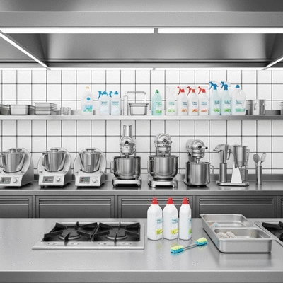 Modern commercial kitchen tools and cleaning supplies, neatly arranged, representing efficiency and hygiene, no text, no words, no typography, no labels, clean image