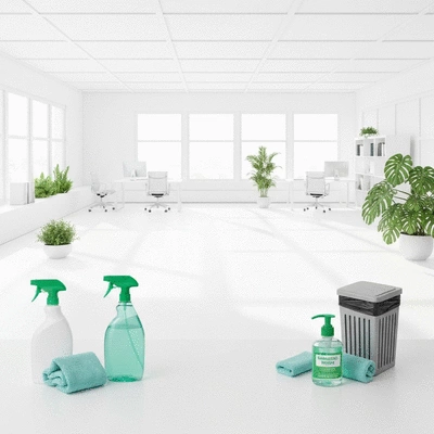 Eco-friendly cleaning products and equipment in a modern office, no text, no words, no typography, 8K
