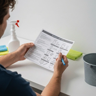 A person consulting a detailed disinfection guide or checklist