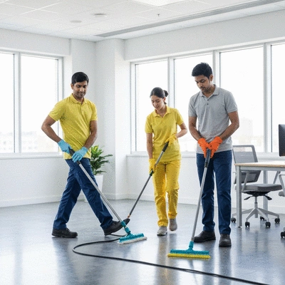 Professional cleaning staff working in a modern office environment, ensuring hygiene and safety standards