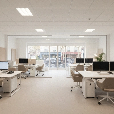 Clean, bright office interior with natural light and modern furniture, Montpellier