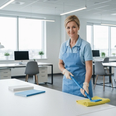 Professional cleaning person cleaning a modern office space