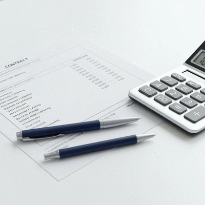 Close-up of a contract or bill showing cleaning service costs, with a pen and calculator on a modern desk, no text, no words, no typography, 8K