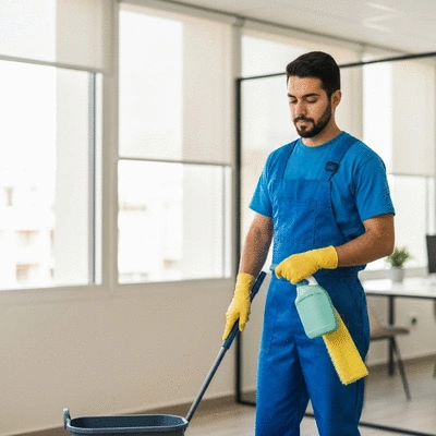 Cleaning professional using eco-friendly products in a modern office environment in Montpellier