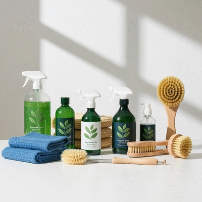 Eco-friendly cleaning products on a clean surface, emphasizing green cleaning