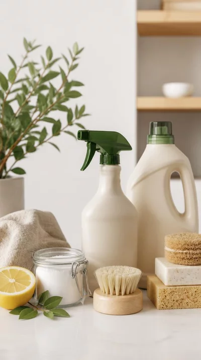 Eco-friendly cleaning products on a clean surface
