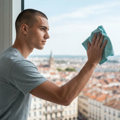 Personne nettoyant une vitre étincelante avec un chiffon microfibre, vue sur la ville de Montpellier en arrière-plan