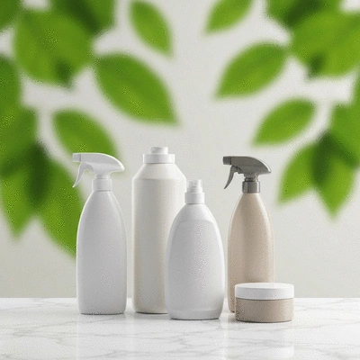 Eco-friendly cleaning products on a clean surface, with green leaves in the background, representing environmental respect, no text, no words, no typography, no labels, clean image