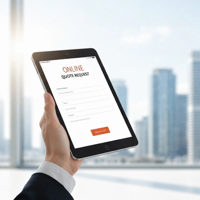 Une main tenant une tablette affichant un formulaire de devis en ligne, avec un fond flou d'une ville propre et moderne. Lumière naturelle, image de haute qualité, pas de texte.