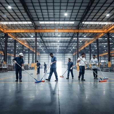Industrial cleaning crew meticulously cleaning a large facility, wearing full PPE, clean image, no text, no words, no typography, 8K