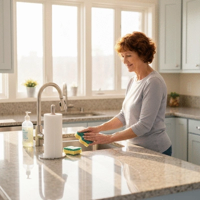 Person cleaning a spotless kitchen, with cleaning supplies on a counter, bright and modern aesthetic, no text, no words, no typography, clean image