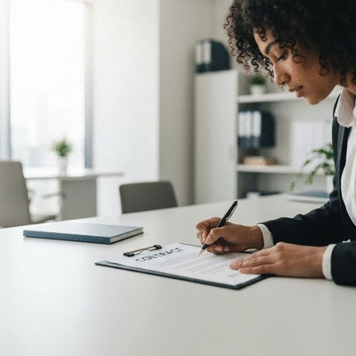 Personne signant un contrat d'entretien dans un bureau moderne