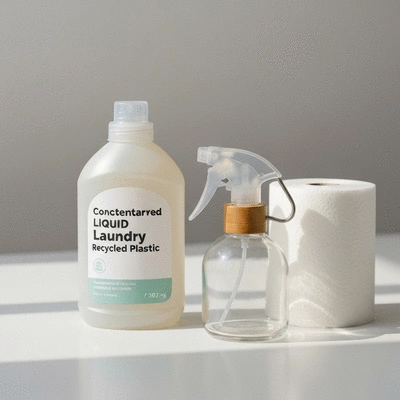 Eco-friendly cleaning products on a clean surface, with a blurred background of a modern industrial setting, clean image