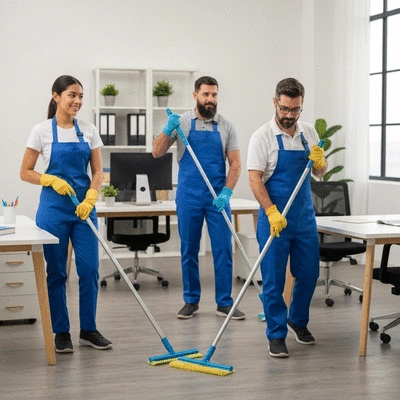 Professional cleaning team at work in a modern office, using eco-friendly products