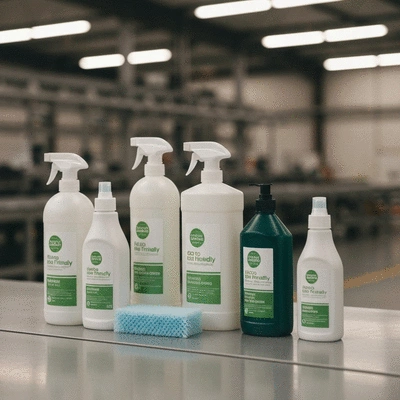 Eco-friendly cleaning products on a clean industrial surface