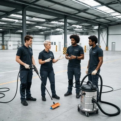 Team of cleaning professionals discussing a cleaning plan in an industrial setting