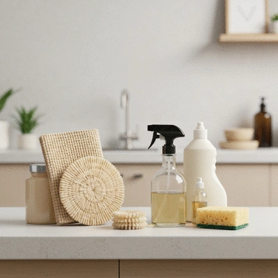 Cleaning products and eco-friendly supplies on a clean surface