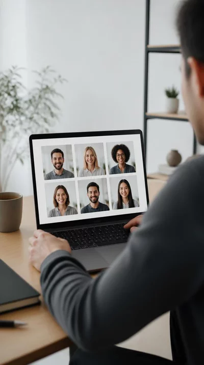 Personne lisant des témoignages de clients sur un ordinateur portable, avec un arrière-plan propre et minimaliste