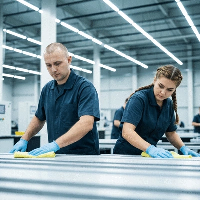 Industrial cleaning crew working in a modern factory