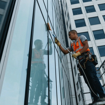 Professional window cleaner working on a tall building, showcasing expertise and safety