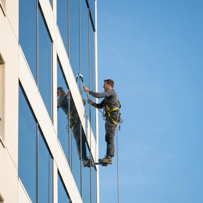 Professional window cleaner on a high-rise building in Montpellier, France, with a squeegee, clean blue sky, safety harness, no text, no words, no typography, no labels, clean image