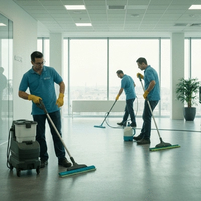 Professional cleaning team in a modern office space, Montpellier, France