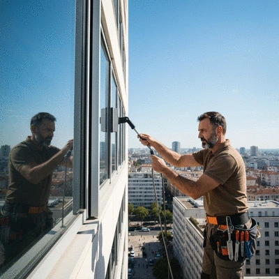 Professional window cleaner working on a tall building in Montpellier