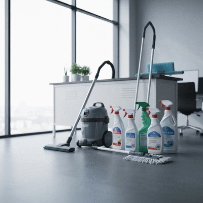 Produits de nettoyage professionnels et équipement dans un bureau propre