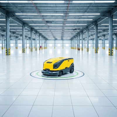 Industrial cleaning robot in action in a large warehouse