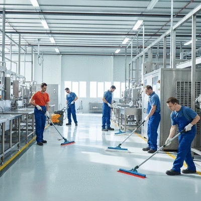 Industrial cleaning crew working in a modern factory setting with specialized equipment